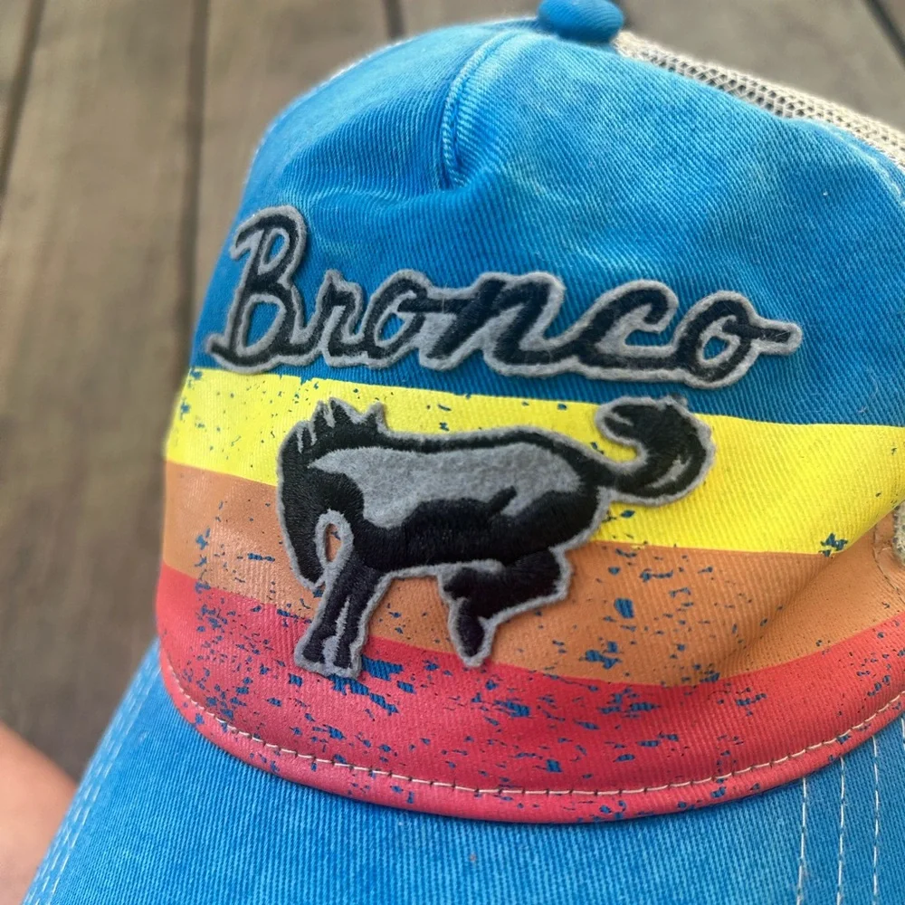 Vintage Style Ford Bronco Embroidered Snap Back Trucker Hat Curved Brim in Blue